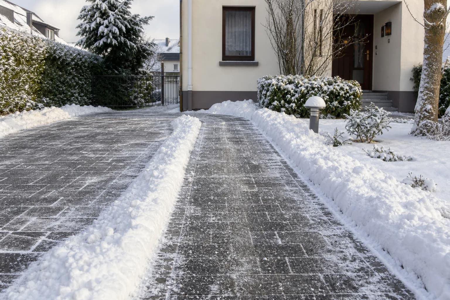 Geräumter privater Weg und Einfahrt nach leichtem Schneefall